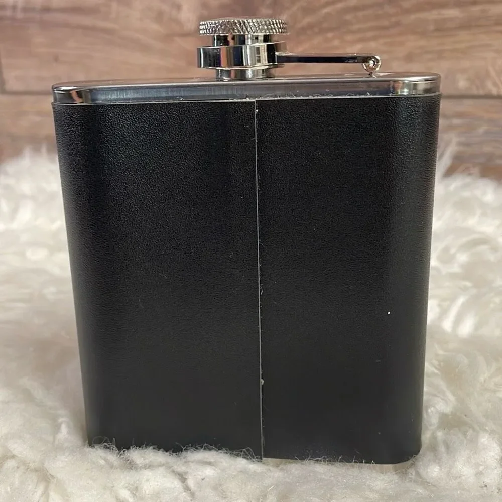 GURKHA SILVER HIP FLASK COVERED IN BLACK EMBOSSED LEATHER SLEEVE 4 1/2” Tall